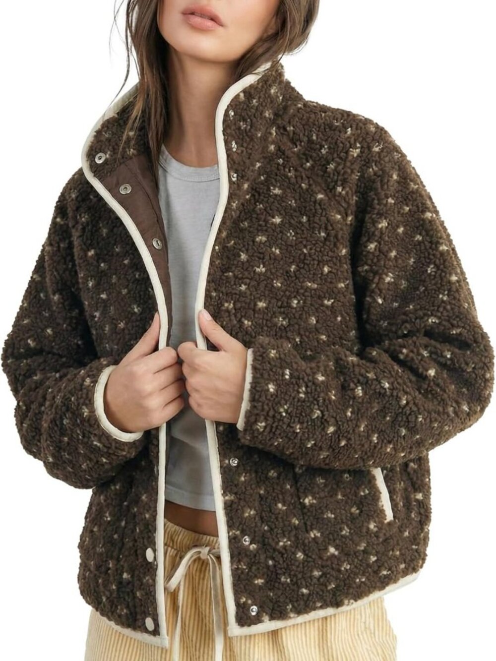 Cozy Polka Dot Fleece Jacket for Women | Long Sleeve Winter Coat, Button Down